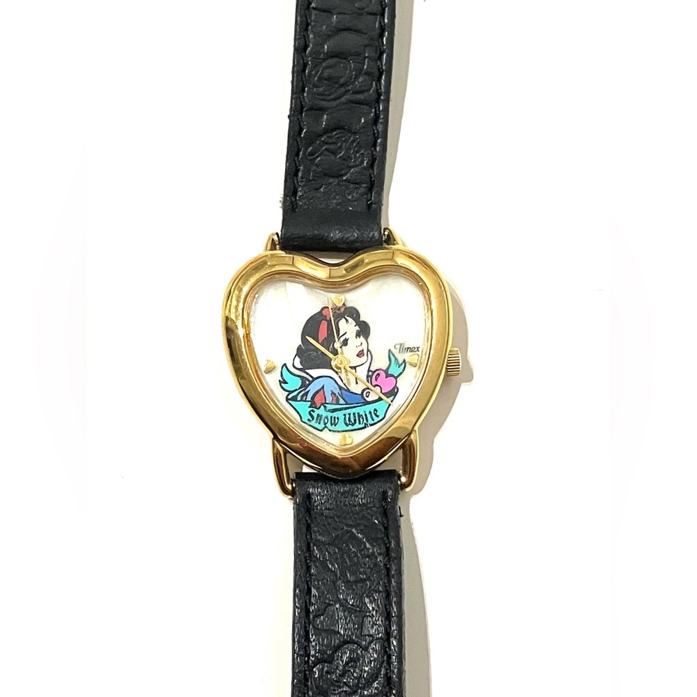 Timex Disney Heart-Shaped Snow White Watch Black Leather Strap
